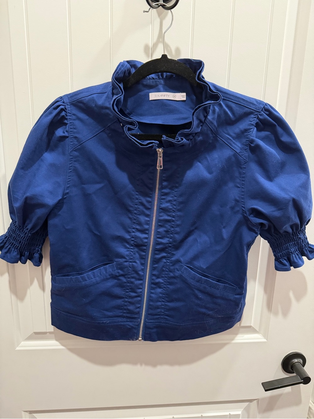 SIX/FIFTY Blue Puff Sleeve Zip Front Jacket Size Medium